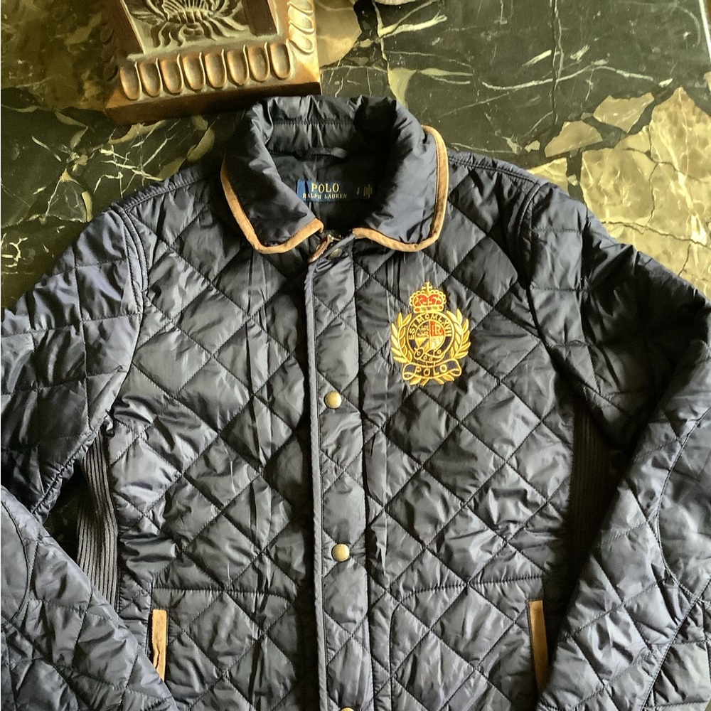 Ralph Lauren diamond quilted crest patch navy tan suede barn jacket size s/p